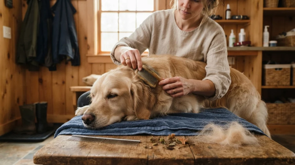 Owner brushing a long-coated dog and checking common mat-prone areas