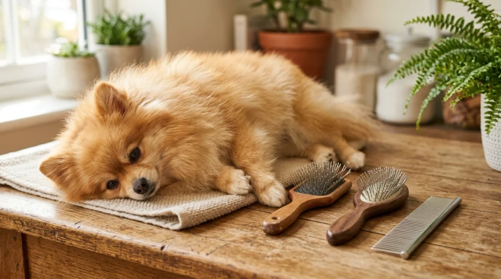 Pomeranian grooming kit with long-pin slicker brush, pin brush and metal comb
