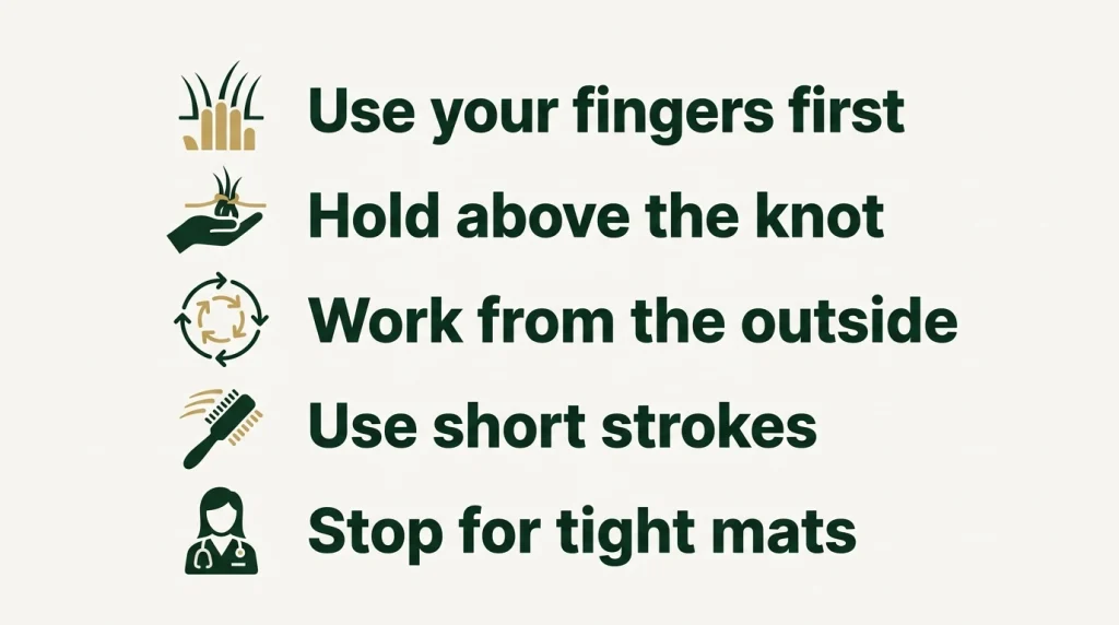Checklist showing safe ways to remove tangles from a long dog coat without pulling