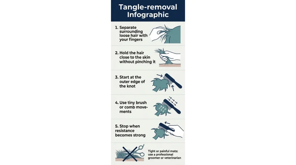 Infographic showing safe steps for removing tangles from a wavy dog coat