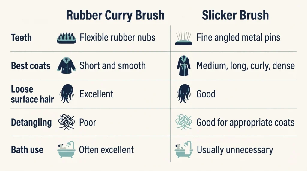 Comparison chart of rubber curry brush and slicker brush features and uses