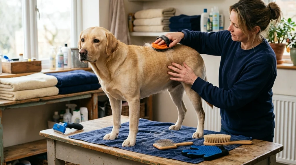 Labrador beside rubber curry, deshedding, slicker, bristle brush, and grooming mitt