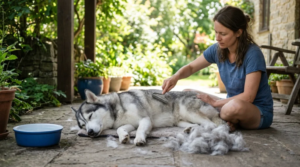 Siberian Husky being gently brushed in summer shade beside a bowl of fresh water