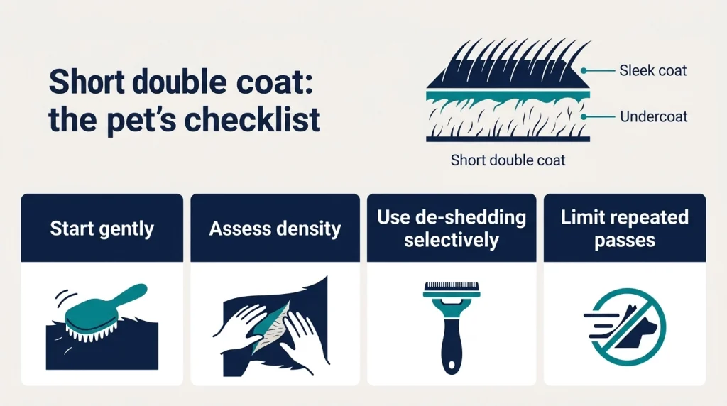 Infographic showing four grooming steps for short-haired dogs with undercoats
