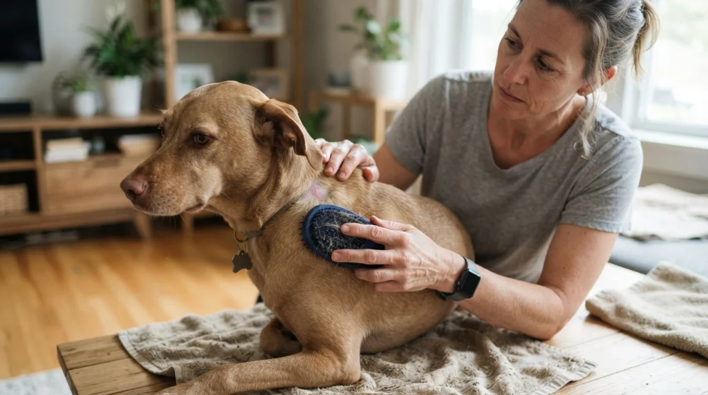 Dog turning toward a rubber curry brush as owner pauses after noticing discomfort