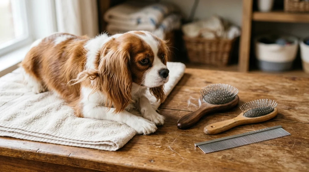 Pin brushes and steel comb beside a silky-coated dog in a home grooming setup