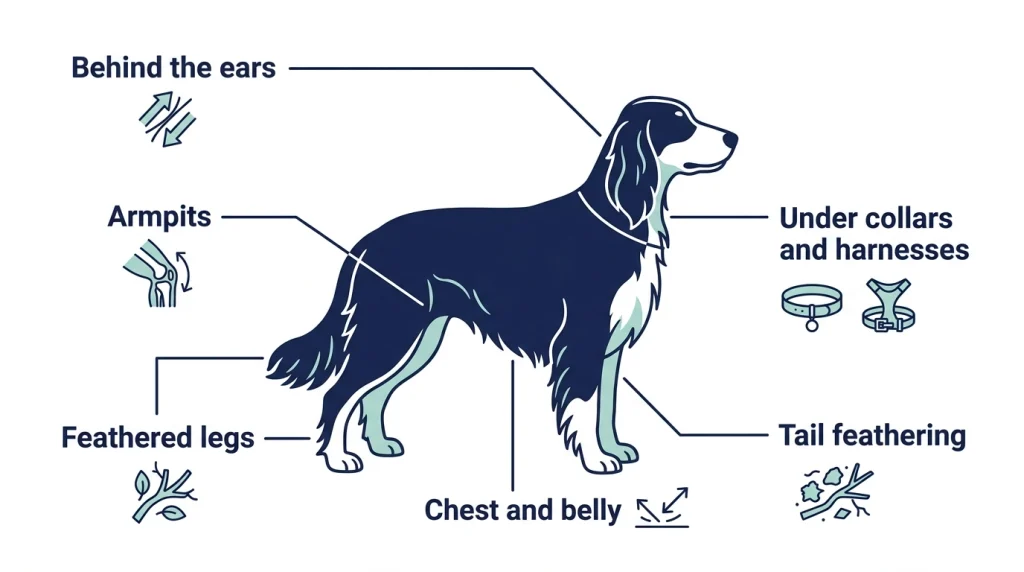 Silky dog coat diagram showing six common tangle zones including ears, armpits, legs, and tail