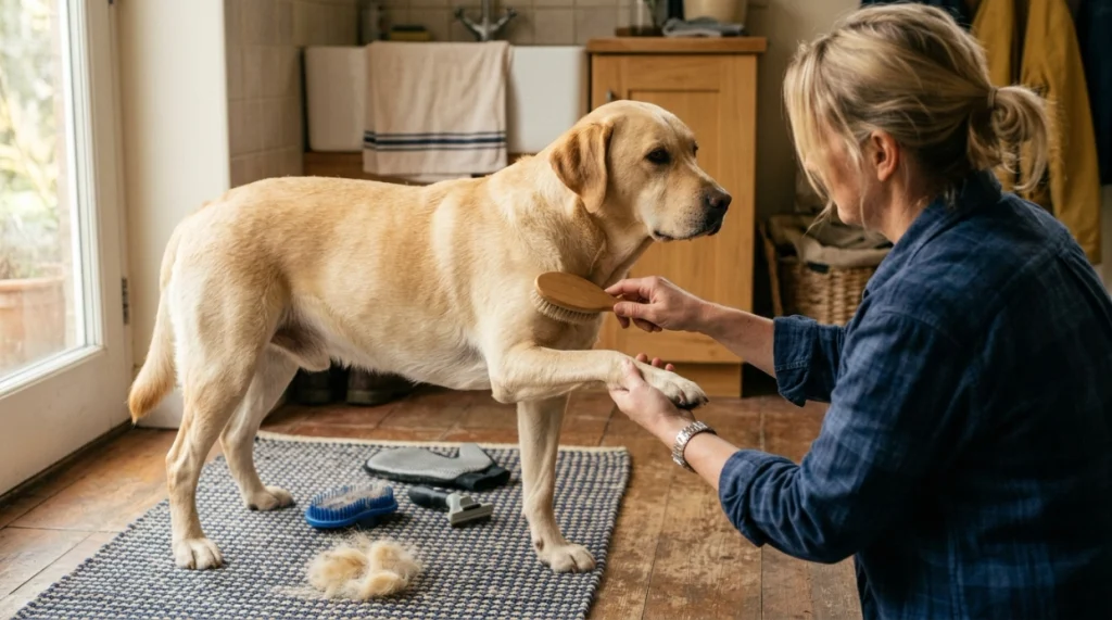 Labrador finishing a simple brushing routine with coat, paw, nail, and skin checks