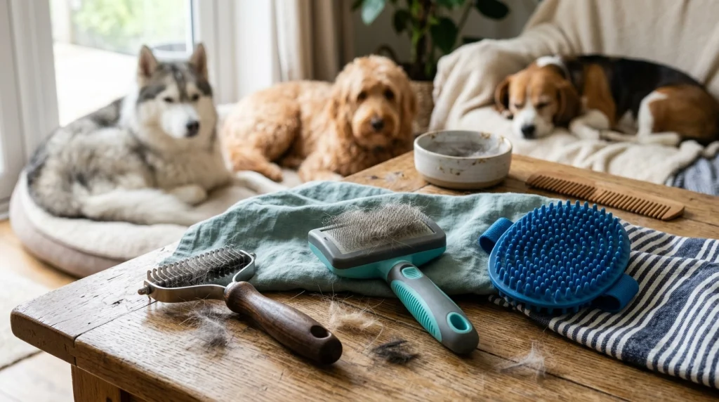 Dog owner checking coat length and density while choosing among several grooming brushes