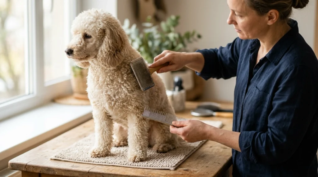 Poodle grooming with a slicker brush for detangling and metal comb for checking hidden snags