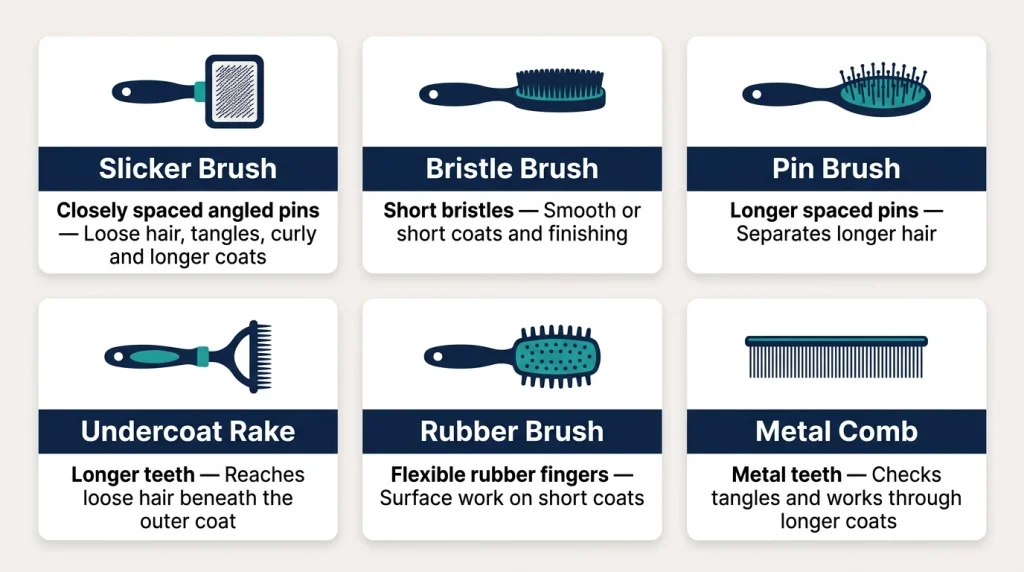 Comparison infographic explaining six dog grooming brushes and their uses