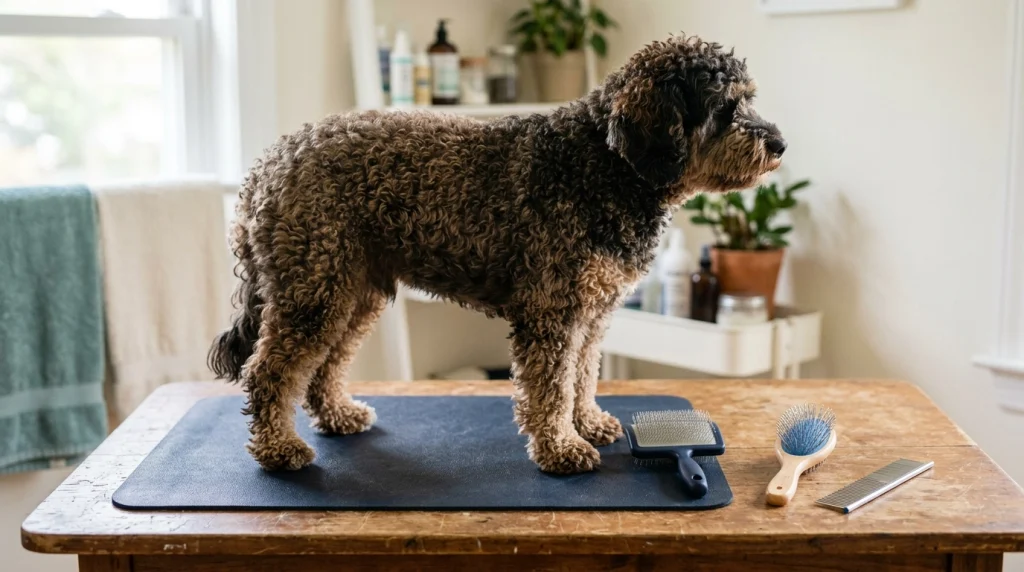 Slicker brush, pin brush and steel comb beside a curly-coated dog