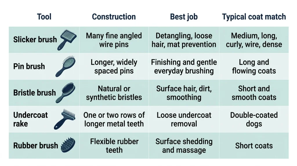 Comparison chart matching five dog grooming tools to their construction, main uses, and coat types.