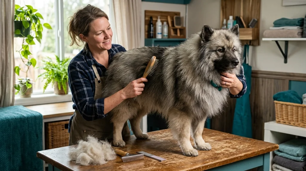 Slicker brush and undercoat rake beside a thick double-coated dog