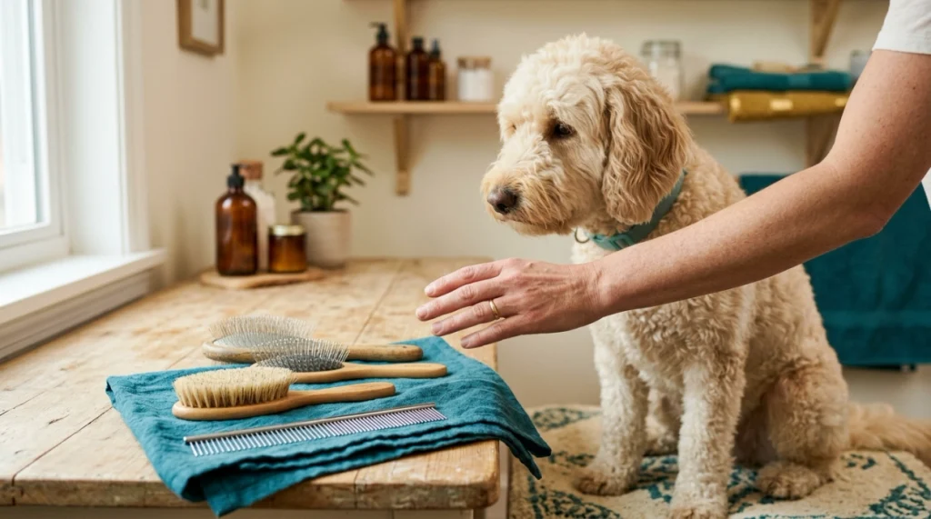 What brush should you use on a Goldendoodle? Slicker, pin, bristle brush and metal comb beside a dog