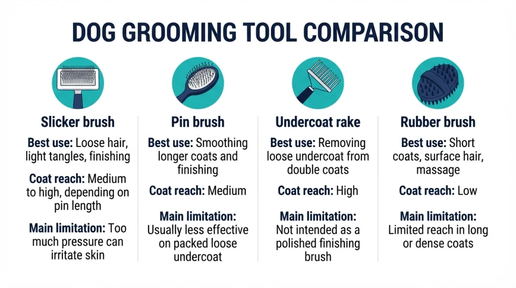 Comparison of slicker, pin, undercoat rake, and rubber brushes by use, reach, and limitation