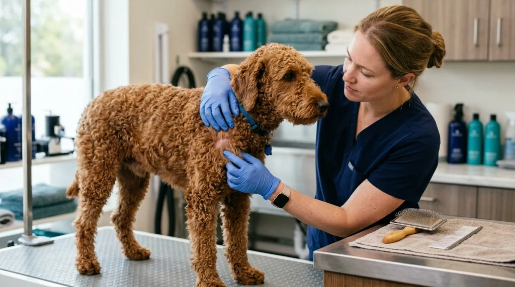 Professional examining a curly-coated dog's matted area after brushing has been stopped