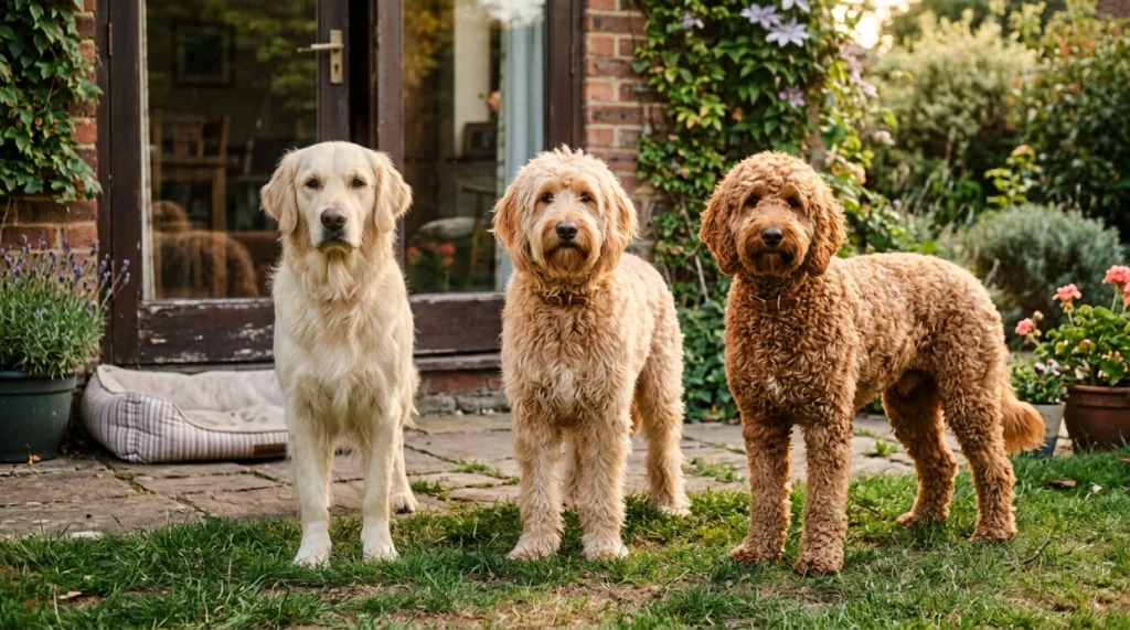 Three Goldendoodles displaying straight, wavy and curly coat textures