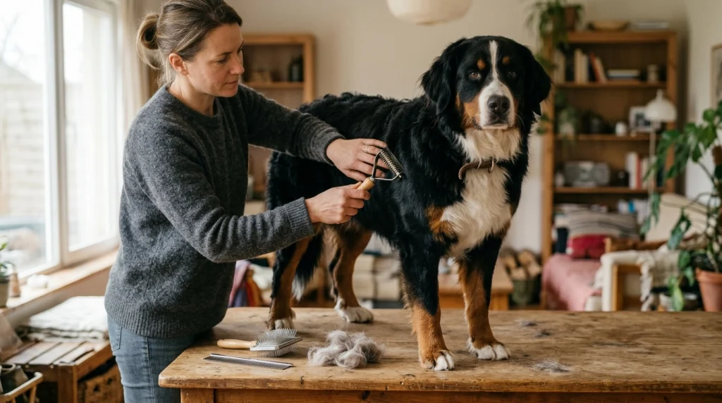 Undercoat rake, slicker brush, and metal comb beside a calm double-coated dog