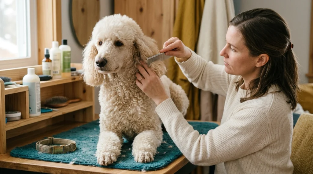 Owner checking a Poodle's curly coat with a steel comb for hidden tangles and mats.