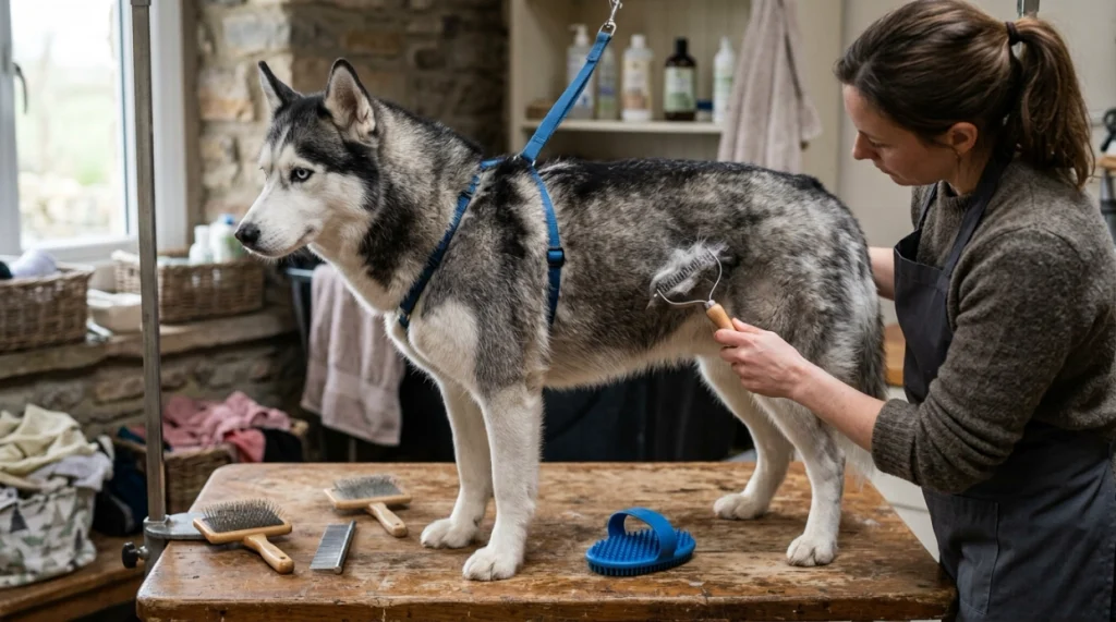 Husky with undercoat rake, slicker brush, comb and rubber brush for double-coat grooming