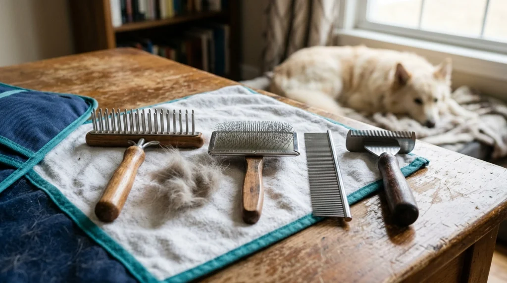 Four grooming tools on a towel: undercoat rake, slicker brush, steel comb, and blade-style de-shedder.
