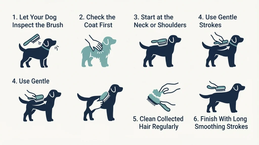 Six-step infographic for using a bristle brush correctly on a dog