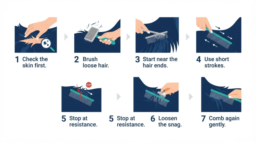 Seven-step infographic showing safe metal dog grooming comb technique