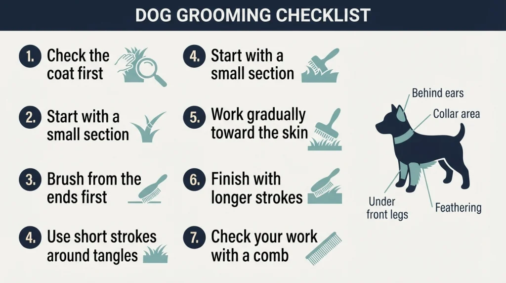 Seven-step infographic for safely using a pin brush on a dog’s coat