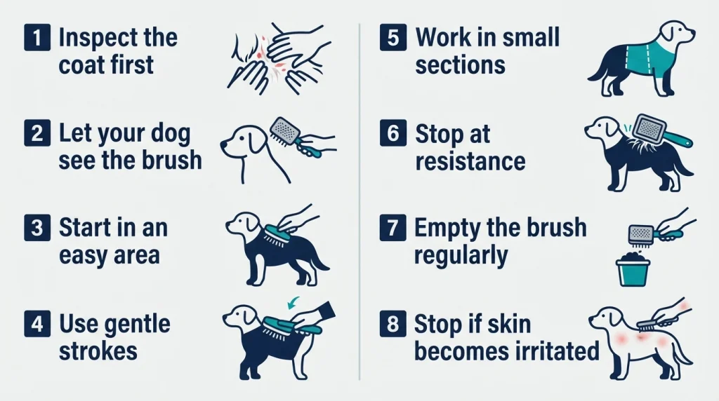 Safety infographic showing eight steps for using a self-cleaning dog brush correctly