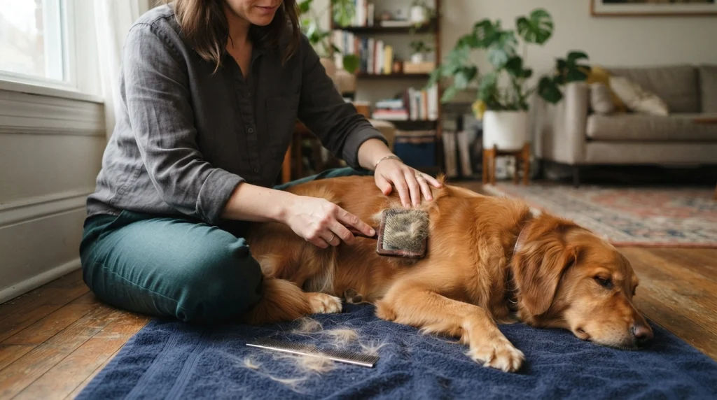 How Does a Slicker Brush Work? Owner gently brushing a small dog-coat section with short strokes