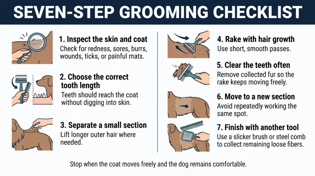 Seven-step infographic explaining how to use an undercoat rake correctly on a dog