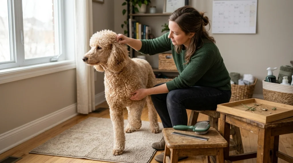 Owner follows a regular Poodle brushing routine with a slicker brush and metal comb.