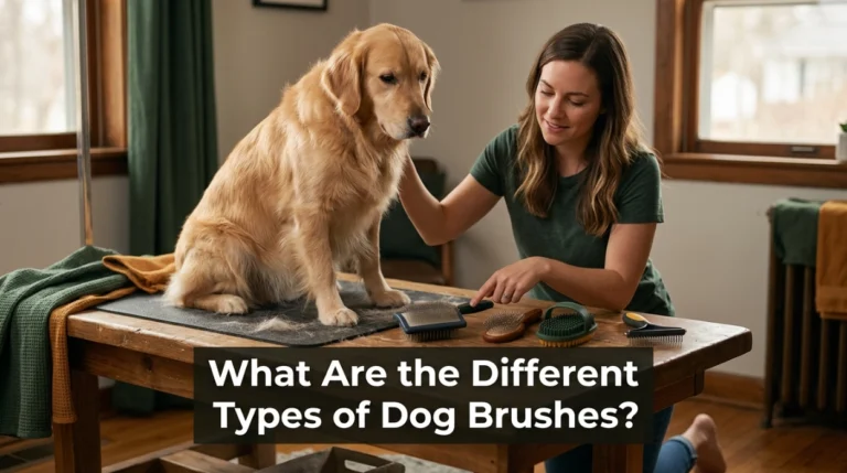 Different types of dog brushes displayed beside a calm dog in a home grooming area.