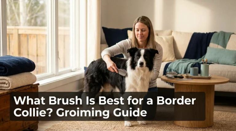 What brush is best for a Border Collie, showing pin brush, slicker, rake, and grooming comb.