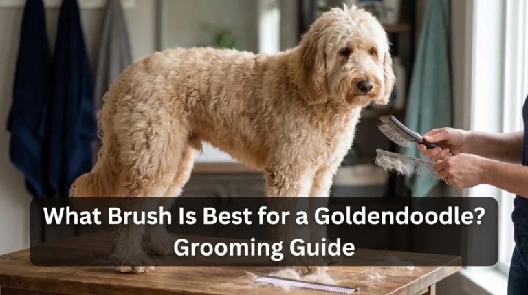 Goldendoodle beside a long-pin slicker brush and steel grooming comb in a home grooming setup.