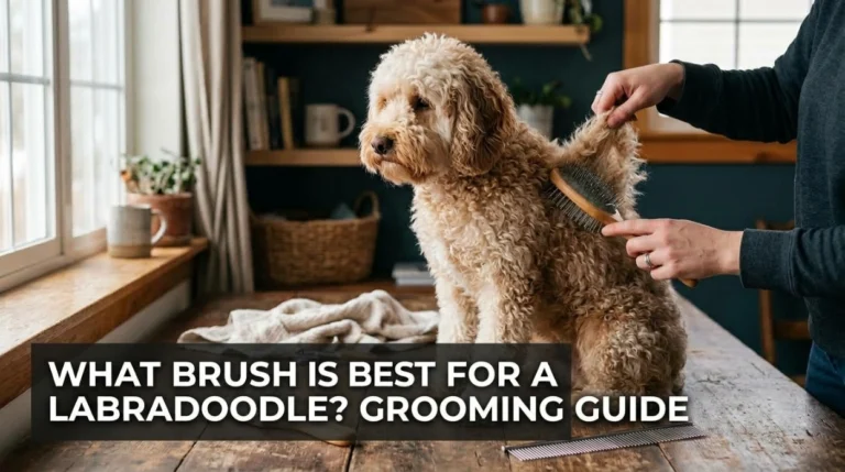 What brush is best for a Labradoodle? Owner gently brushing a curly Labradoodle with a long-pin slicker.