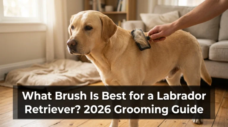 Labrador being groomed with a shedding brush for safe double-coat care.