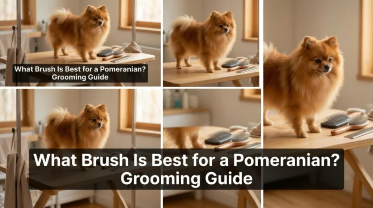 Pomeranian beside slicker brush, pin brush and comb showing the best brush for a Pomeranian