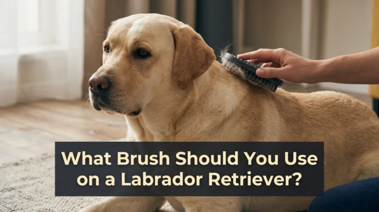 Labrador Retriever being gently groomed with a rubber curry brush at home