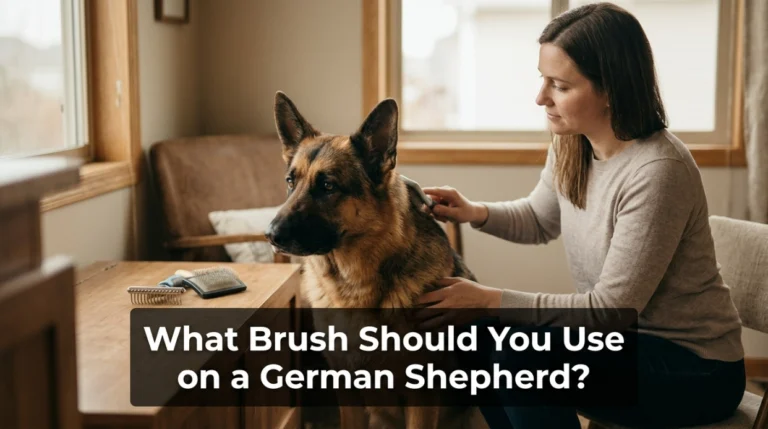 German Shepherd being brushed with grooming tools at home