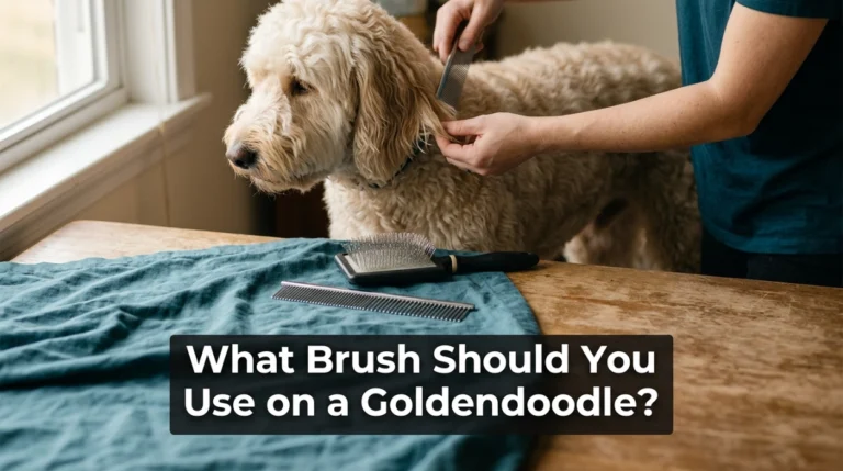 What brush should you use on a Goldendoodle? Dog beside a long-pin slicker brush and grooming comb.
