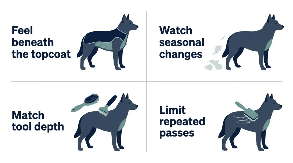Infographic showing four grooming changes for a short double-coated dog