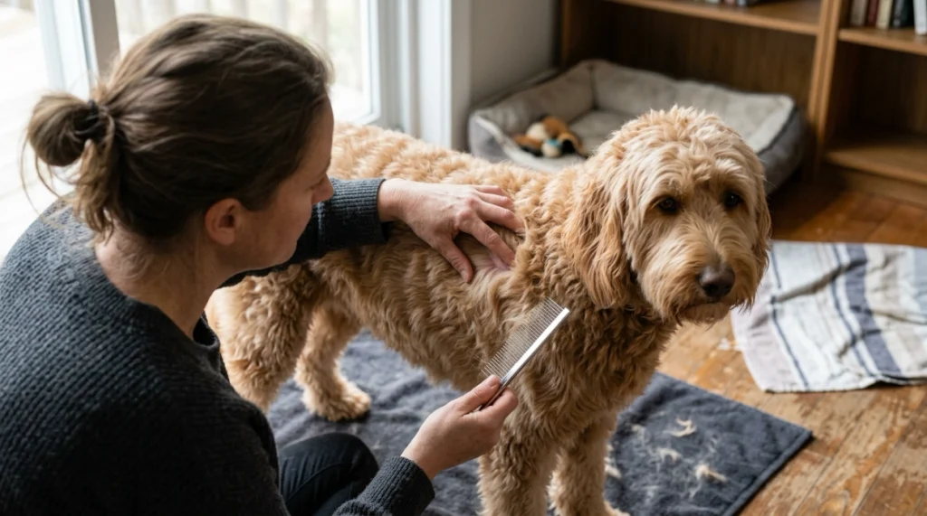 Owner inspecting a Goldendoodle coat by parting the hair and using a steel comb