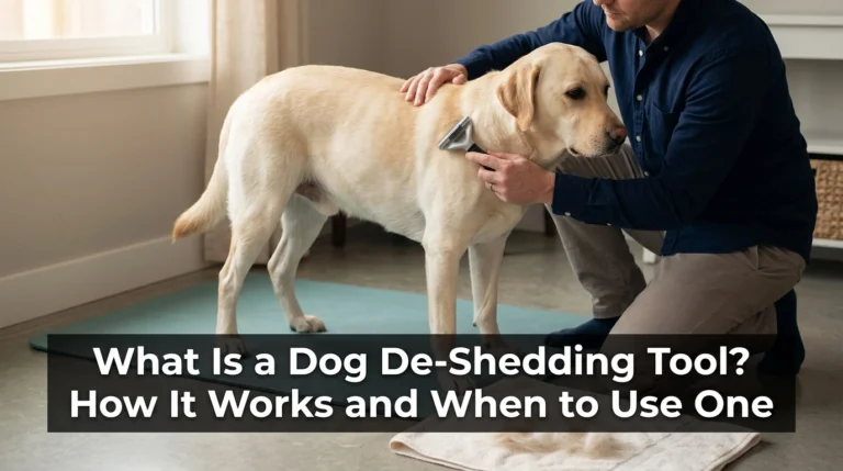 Owner gently grooming a yellow Labrador with a dog de-shedding tool beside a small tuft of loose fur.