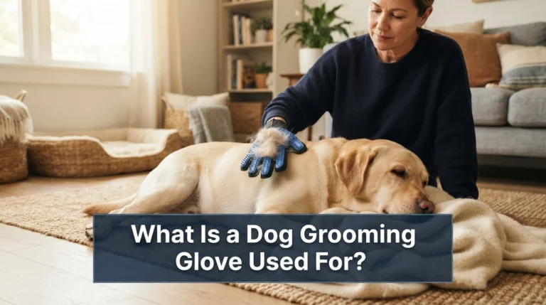 Owner using a dog grooming glove to remove loose hair from a relaxed short-haired dog