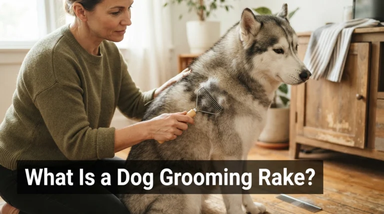 Infographic showing how a dog grooming rake reaches and removes loose undercoat