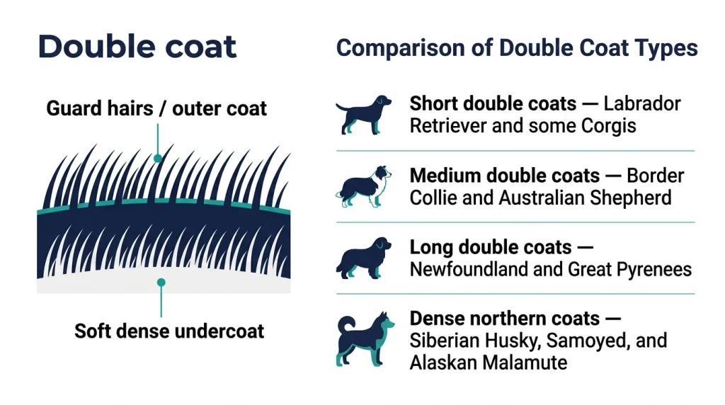 Diagram showing guard hairs, undercoat, and short, medium, long, and northern double coats