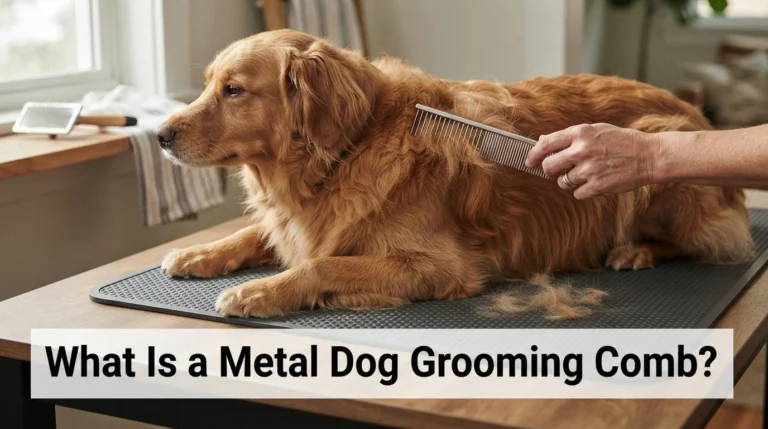 Metal dog grooming comb being used gently on a long-coated dog at home