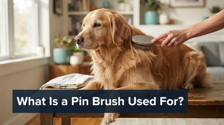 Dog being groomed with a pin brush for gentle detangling and coat maintenance